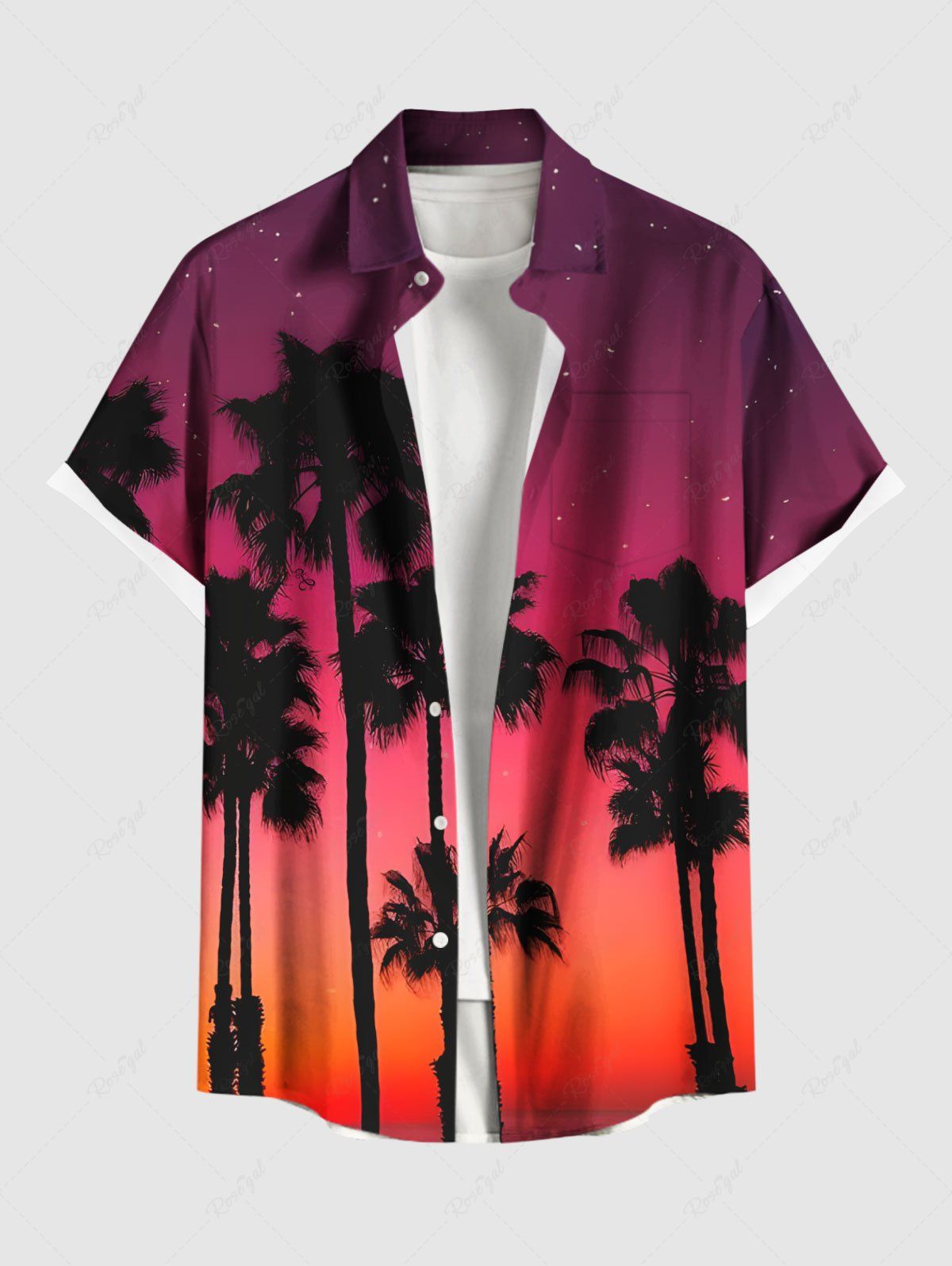 Chemise hawaïenne grande taille à imprimé cocotiers, ombré, crépuscule, galaxie, boutons et poches pour homme Rouge 2XL