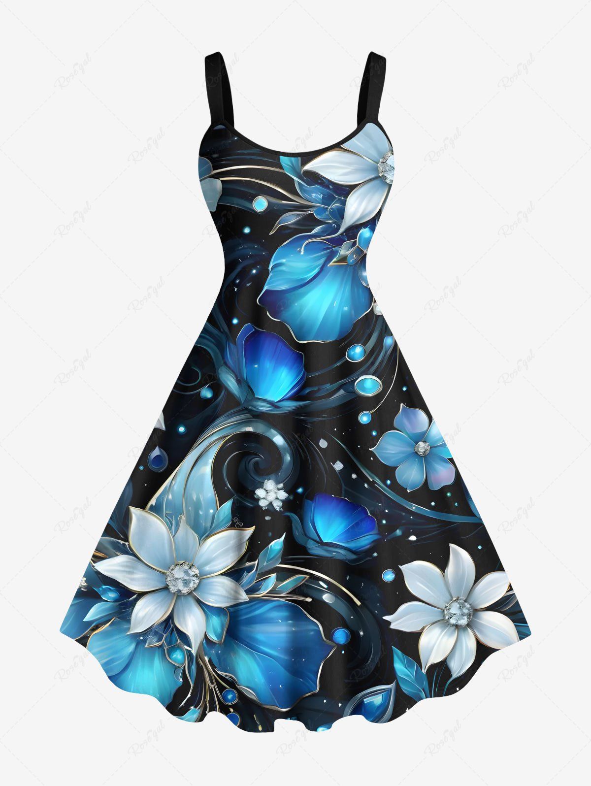 Trendy Plus Size Ombre Flower Leaves Galaxy Print Hawaii A Line Tank Dress  