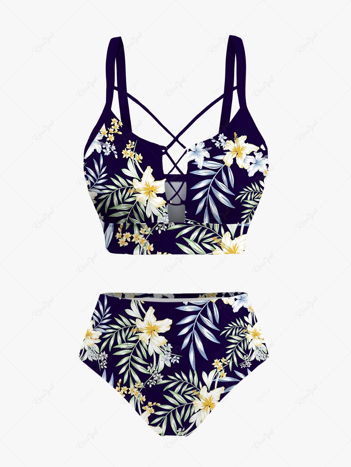 New Tropical Leaves Branch Hibiscus Floral Printed Hawaii Lace Up Tankini Swimsuit (Adjustable Shoulder Strap)  