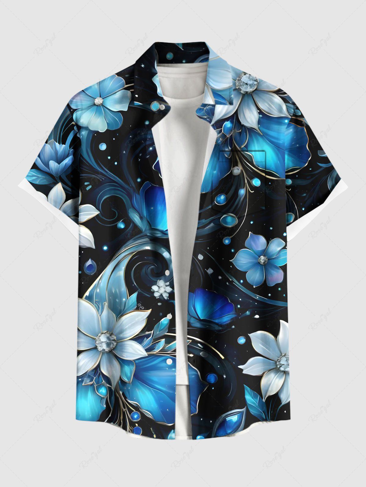 Chic Plus Size Ombre Flower Leaves Galaxy Print Hawaii Button Pocket Shirt For Men  