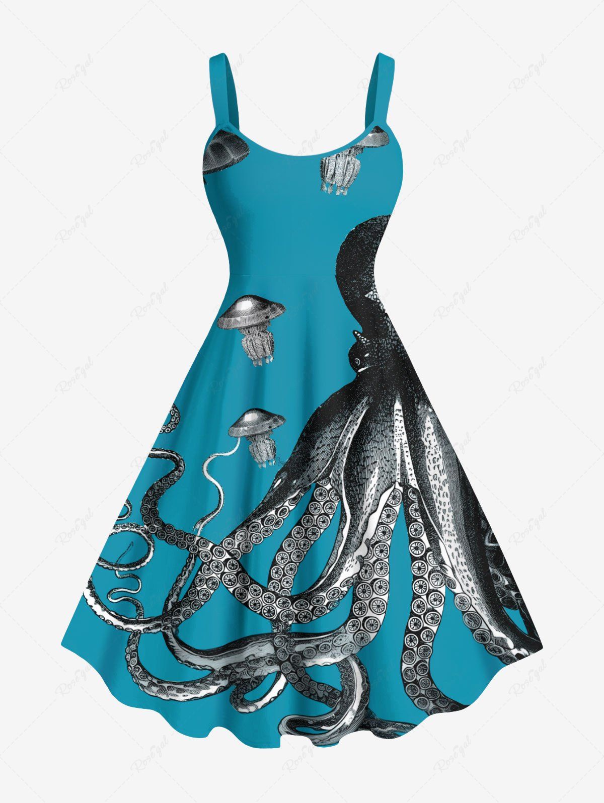 Fancy Plus Size Octopus Jellyfish Print Hawaii Sea Creatures A Line Tank Dress  