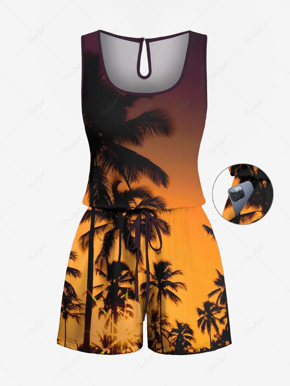 Combinaison hawaïenne grande taille à imprimé cocotiers ombré et crépuscule avec cordon de serrage et poches Orange XXS