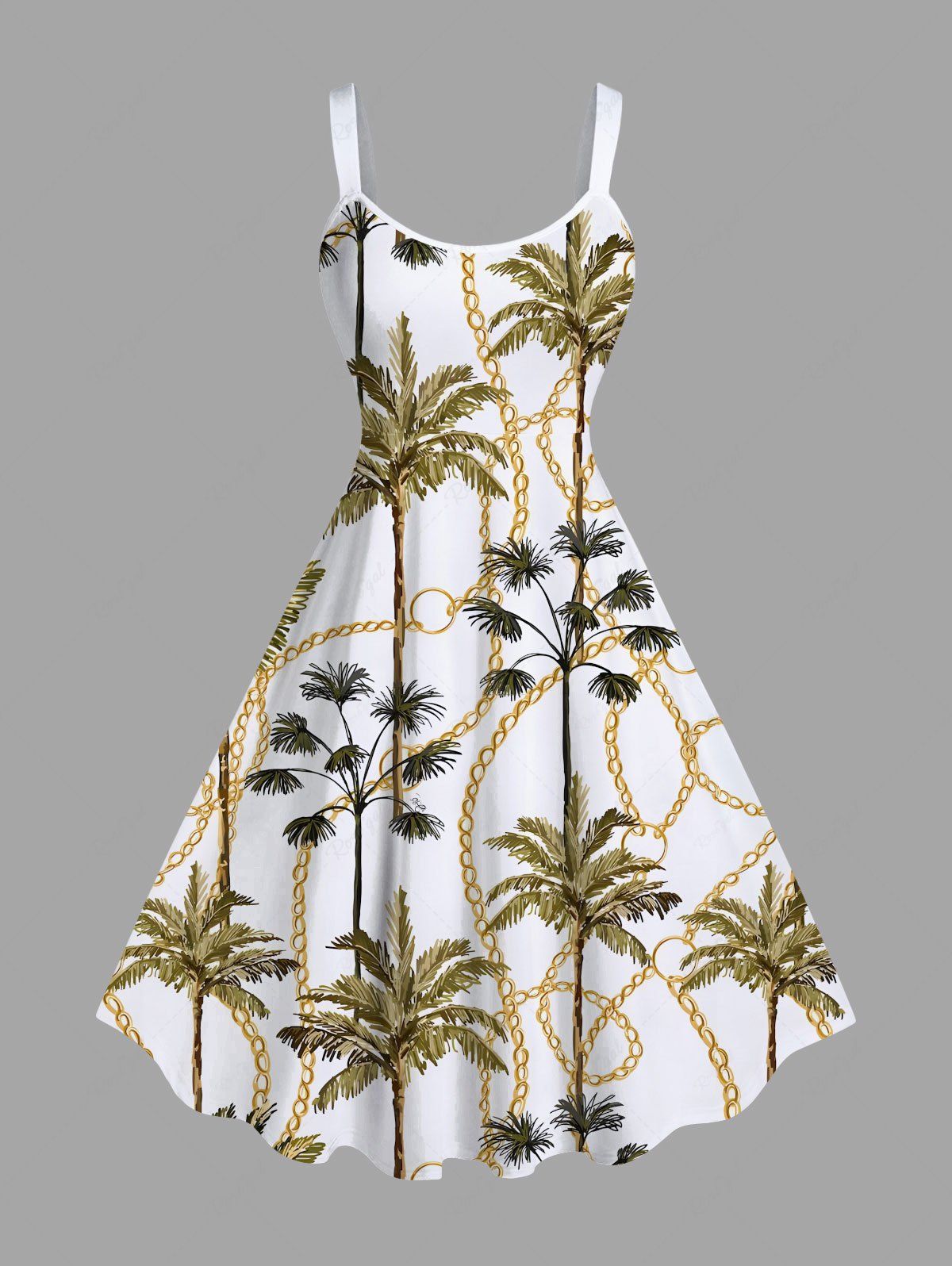 Fashion Plus Size Coconut Tree Chain Print Hawaii A Line Tank Dress  