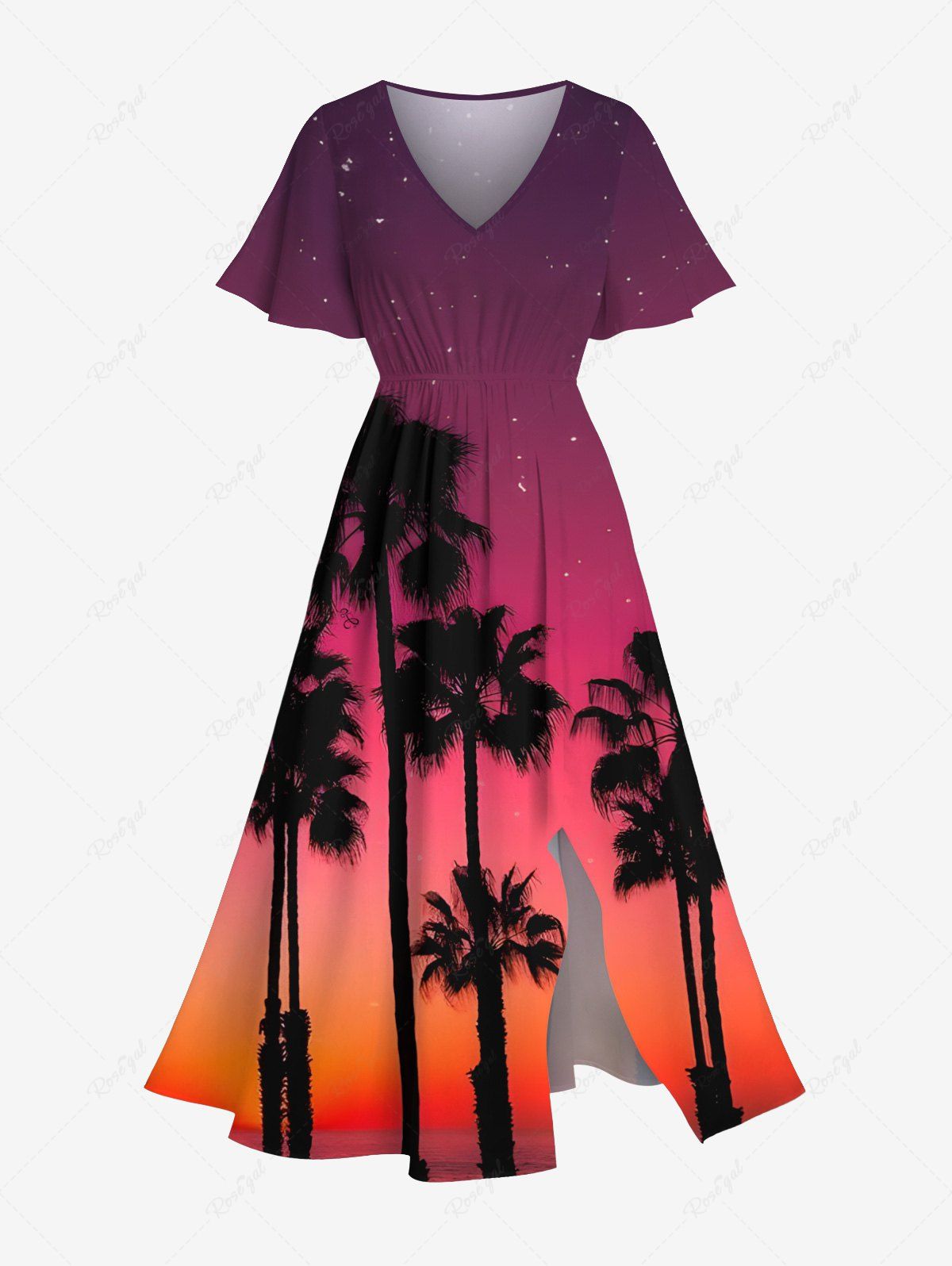Hot Plus Size Coconut Tree Ombre Dusk Galaxy Print Hawaii Split Pocket A Line Midi Dress  