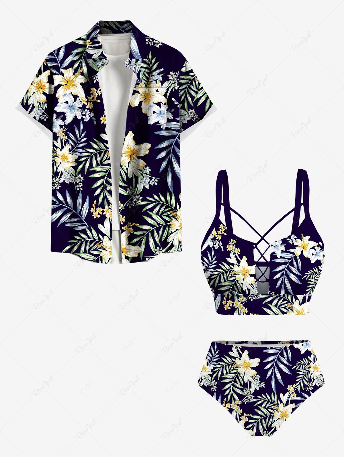 Buy Tropical Leaf Branch Hibiscus Flower Print Shirt Swimsuit Plus Size Matching Hawaii Beach Outfit For Couples  