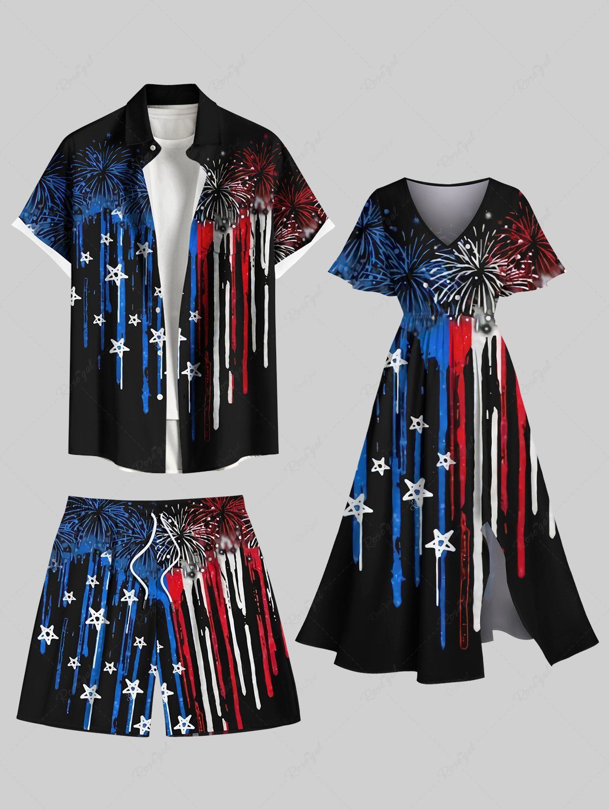 Sale Fireworks Patriotic American Flag Paint Drop Print Plus Size Matching Outfit For Couples  