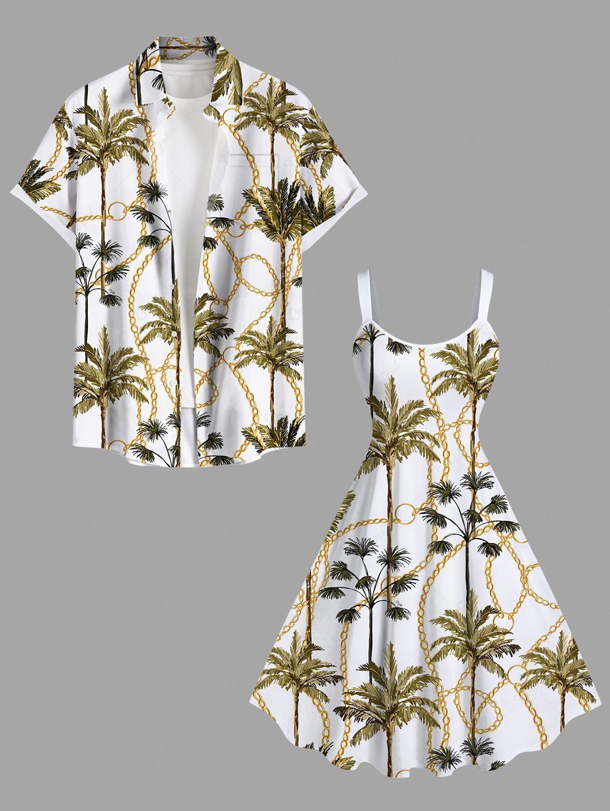 Tenue de plage hawaïenne assortie grande taille à imprimé chaîne de cocotiers pour couples Blanc 
