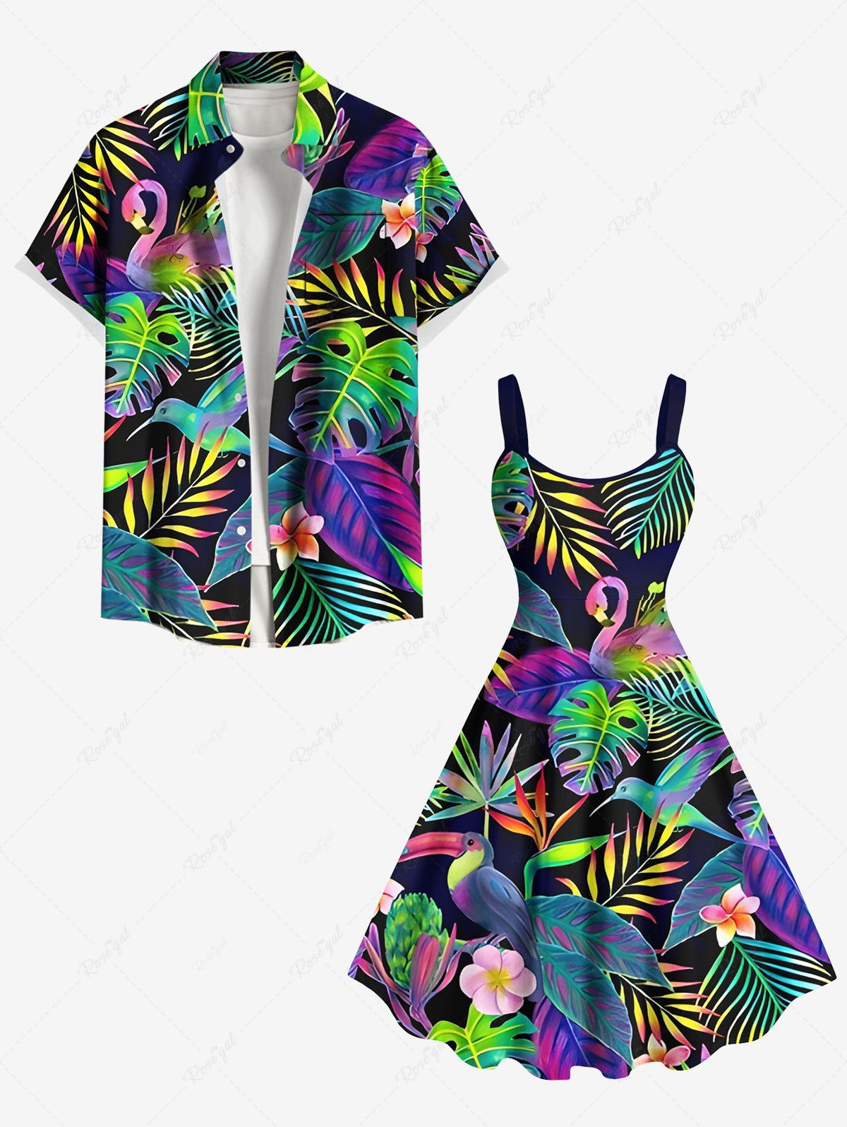 Tenue de plage hawaïenne assortie grande taille à imprimé feuilles tropicales, fleurs et oiseaux, colorée et ombrée, pour couples Noir 