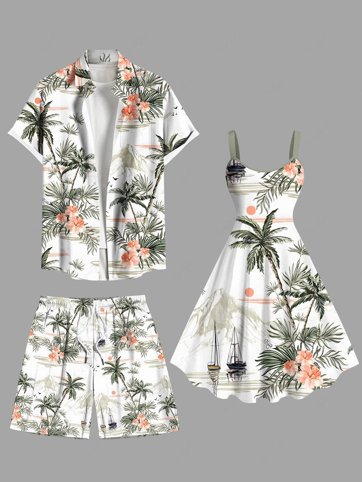 Tenue de plage hawaïenne assortie grande taille, motif cocotier, feuilles tropicales, fleurs d'hibiscus, pour couples Blanc 