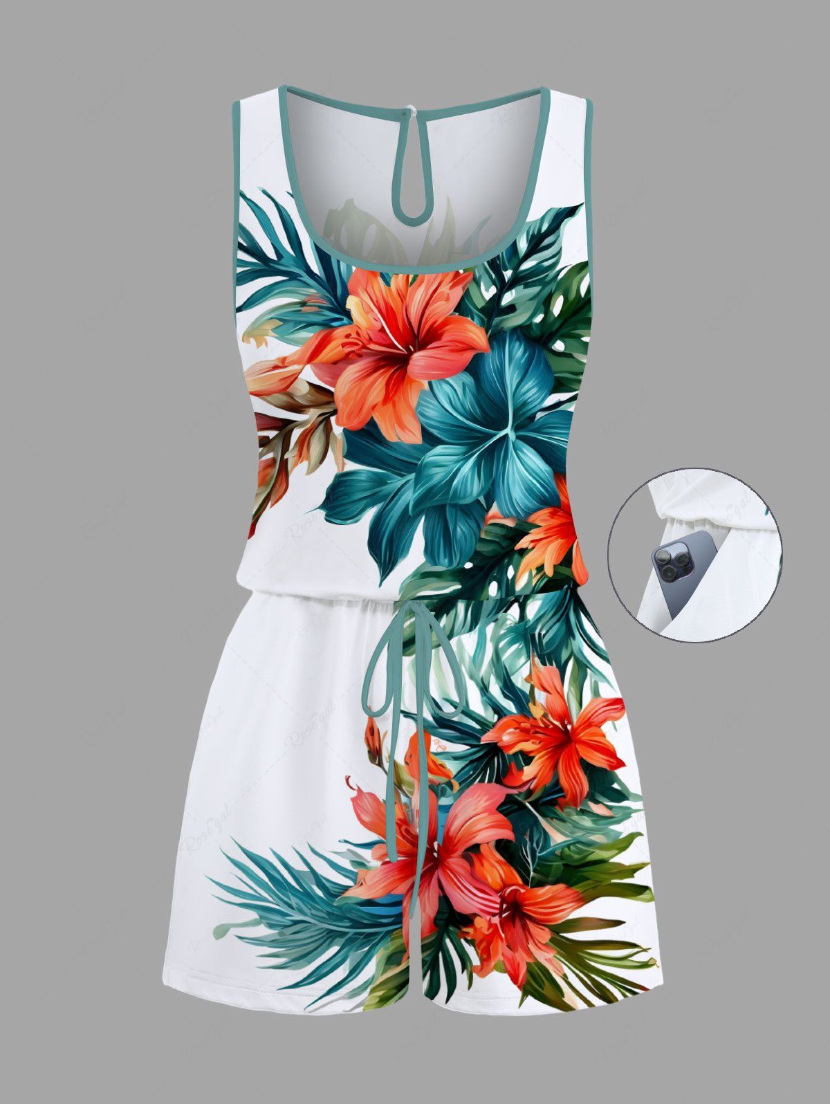 Combinaison hawaïenne cintrée grande taille à imprimé feuilles tropicales et fleurs d'hibiscus Blanc M