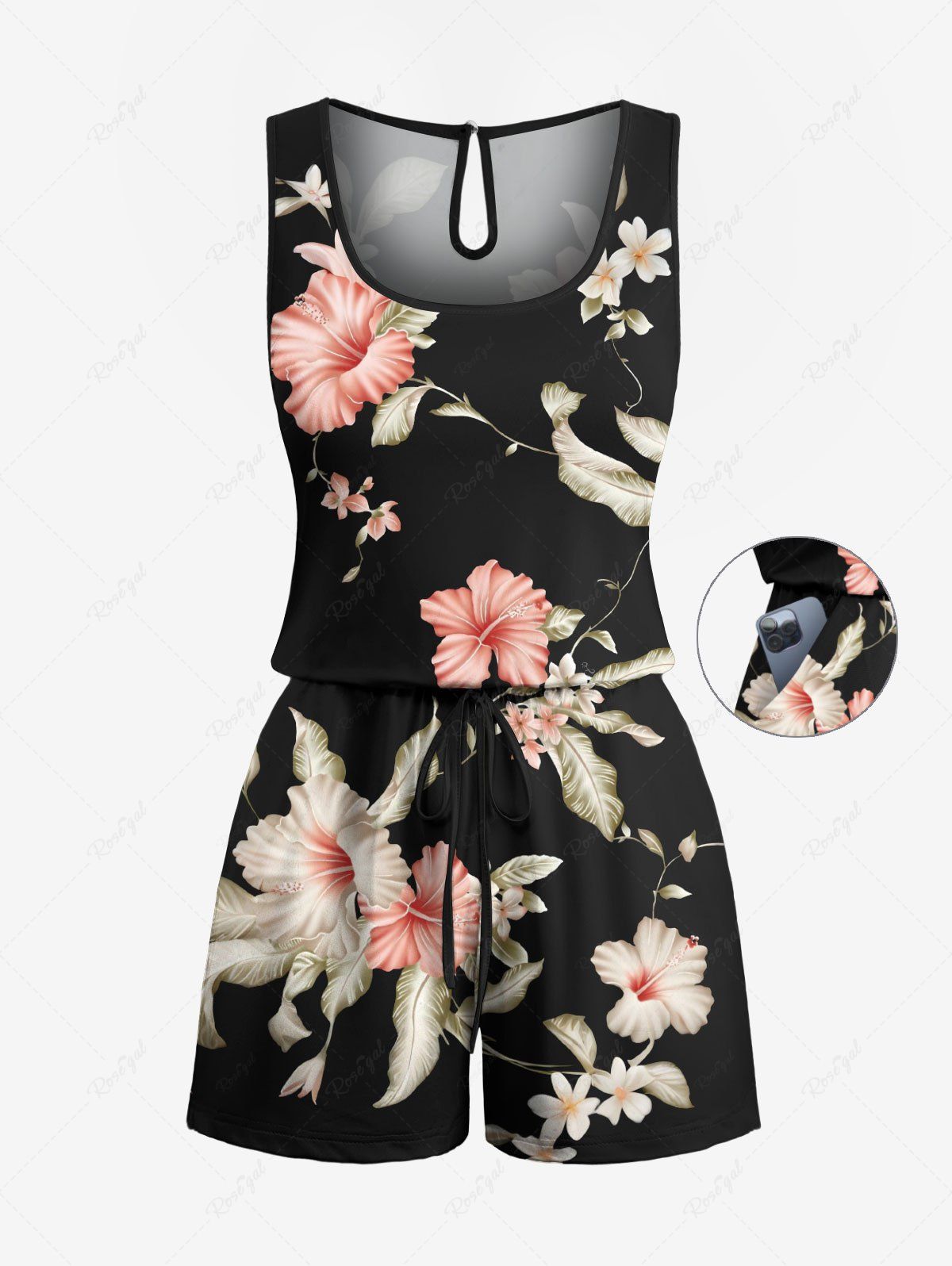 Combinaison hawaïenne cintrée grande taille à imprimé feuilles tropicales et fleurs d'hibiscus Noir M