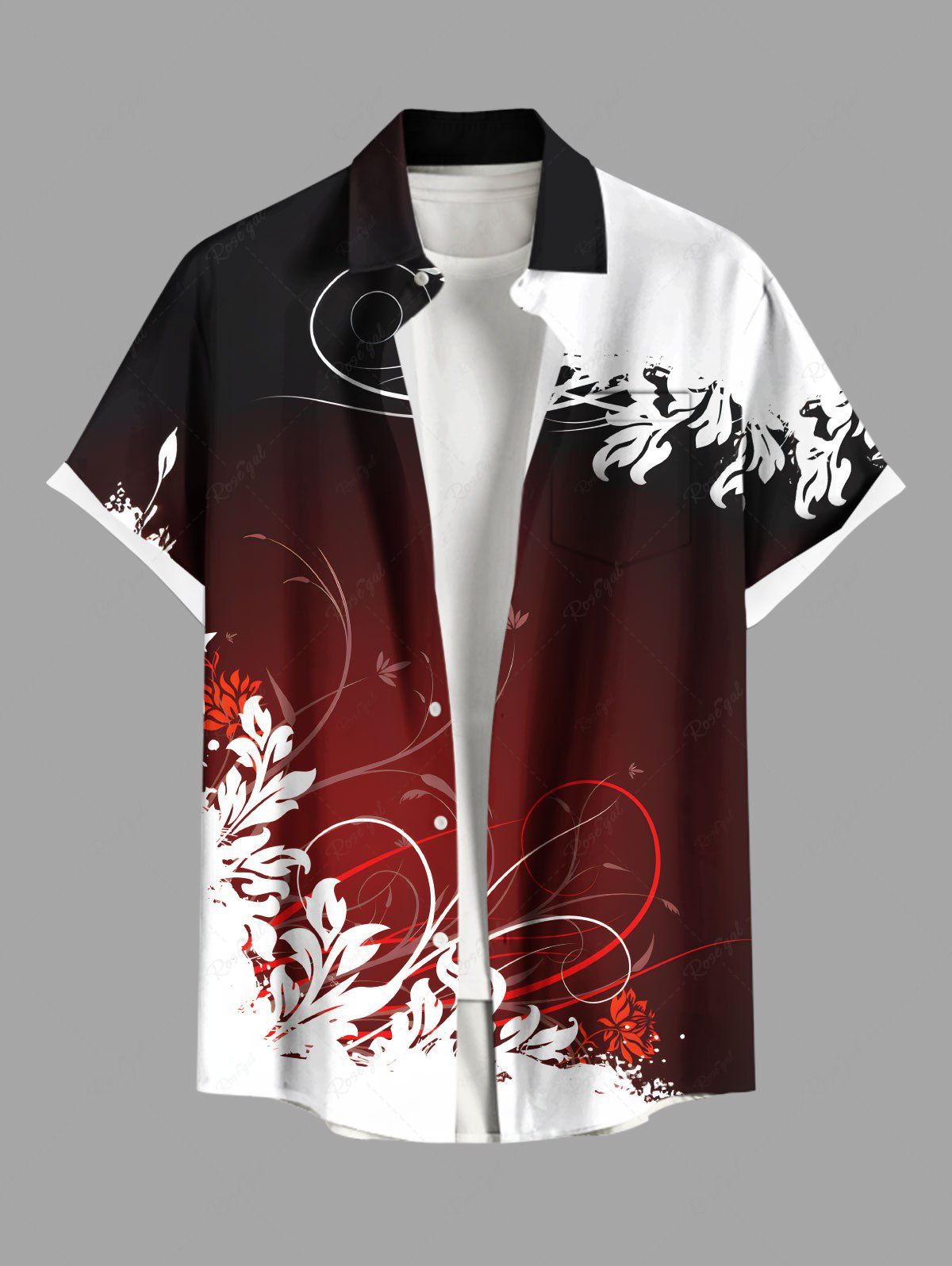 Chemise hawaïenne grande taille à imprimé feuilles tropicales ombré colorblock et boutons avec poches pour homme Rouge foncé M