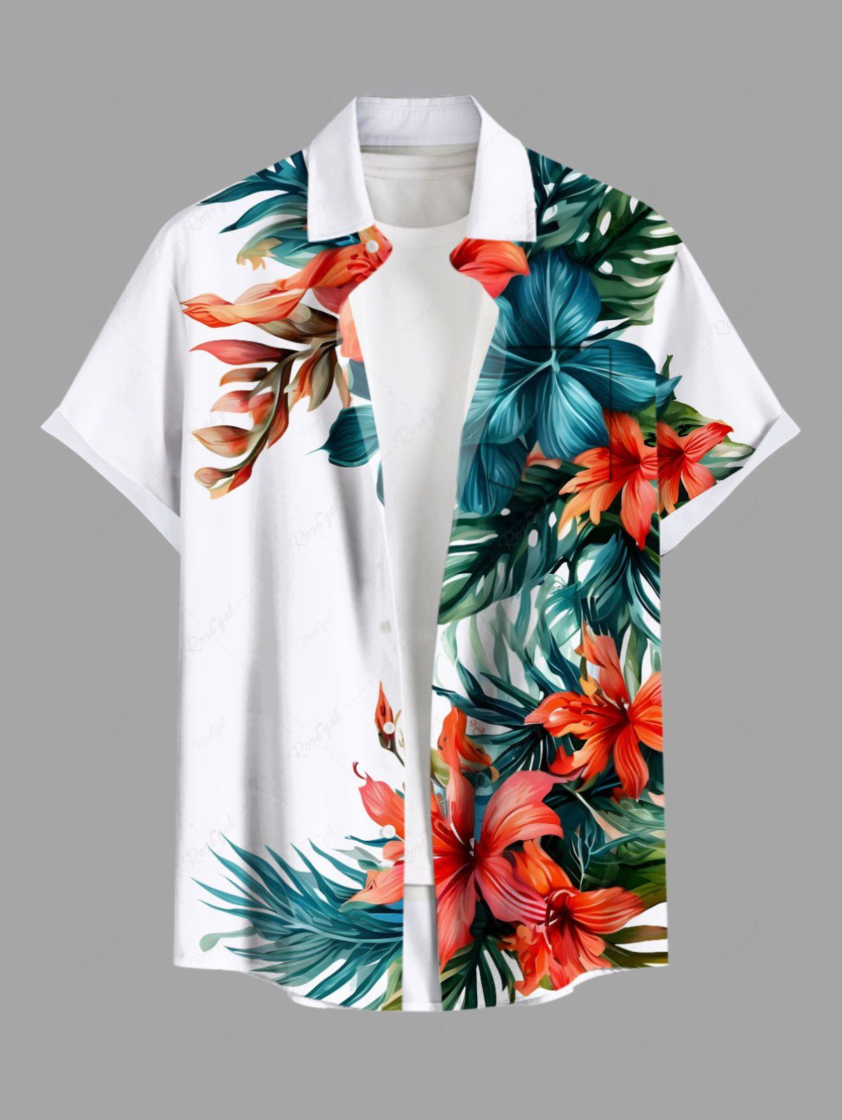 Chemise hawaïenne grande taille à imprimé feuilles tropicales et fleurs d'hibiscus, avec poches et boutons, pour homme Blanc L
