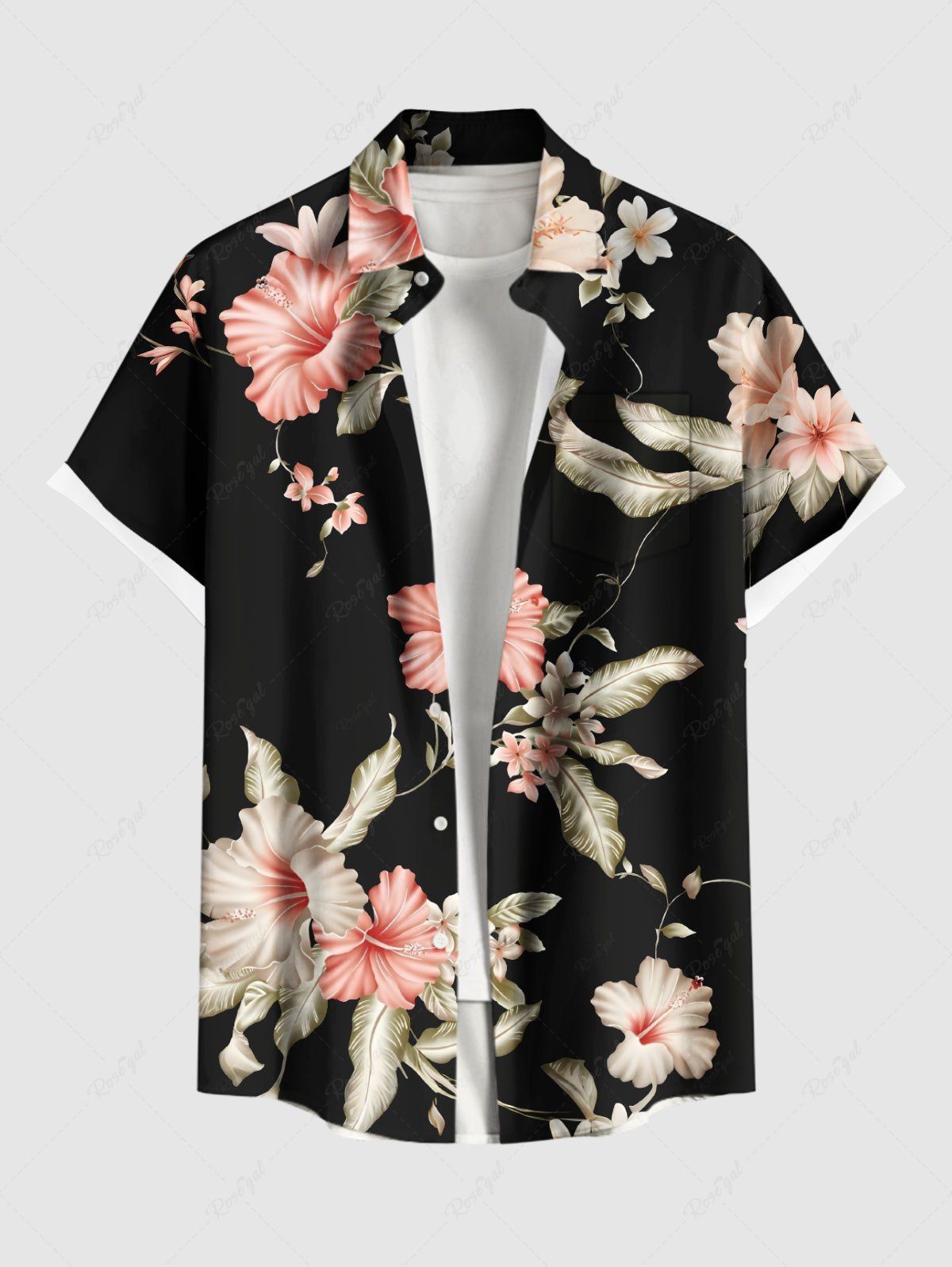 Chemise hawaïenne grande taille à imprimé feuilles tropicales et fleurs d'hibiscus, avec poches et boutons, pour homme Noir 2XL