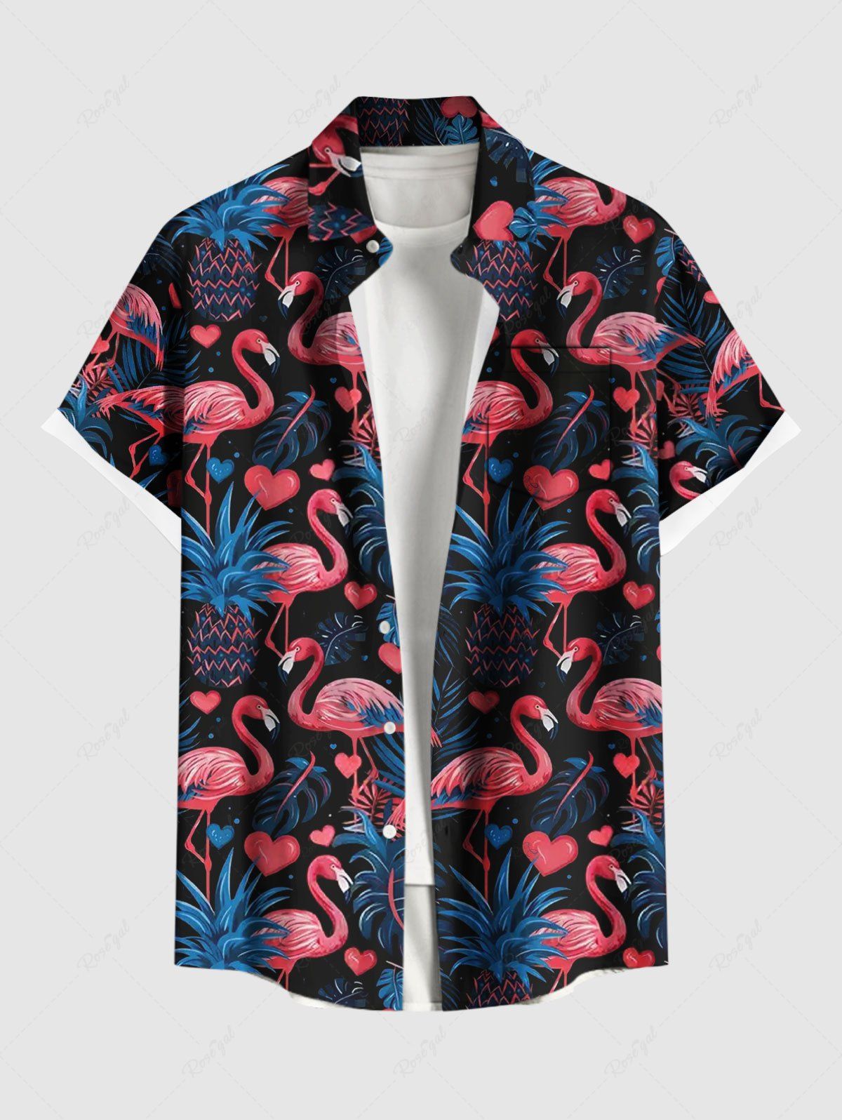 Chemise hawaïenne grande taille à imprimé flamant rose, ananas et feuilles tropicales, avec poches et boutons, pour homme Bleu 4XL