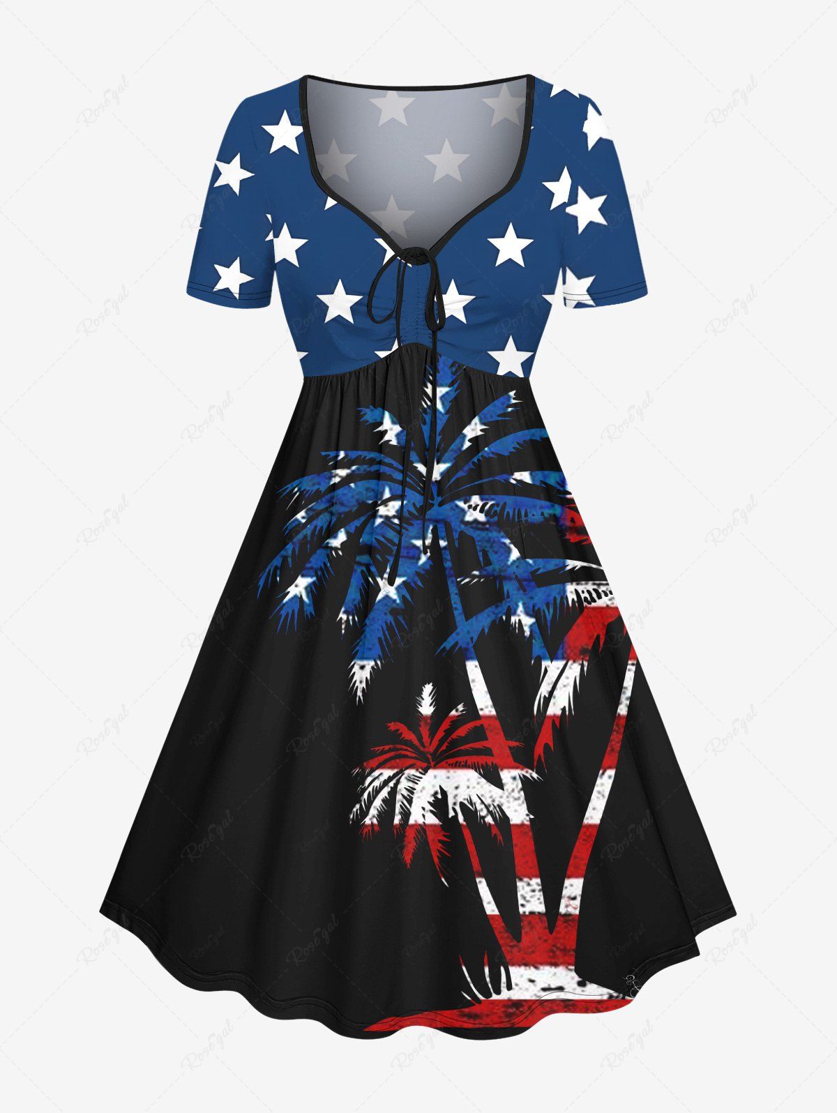 Outfit Plus Size Patriotic American Flag Coconut Tree Print Cinched Dress  