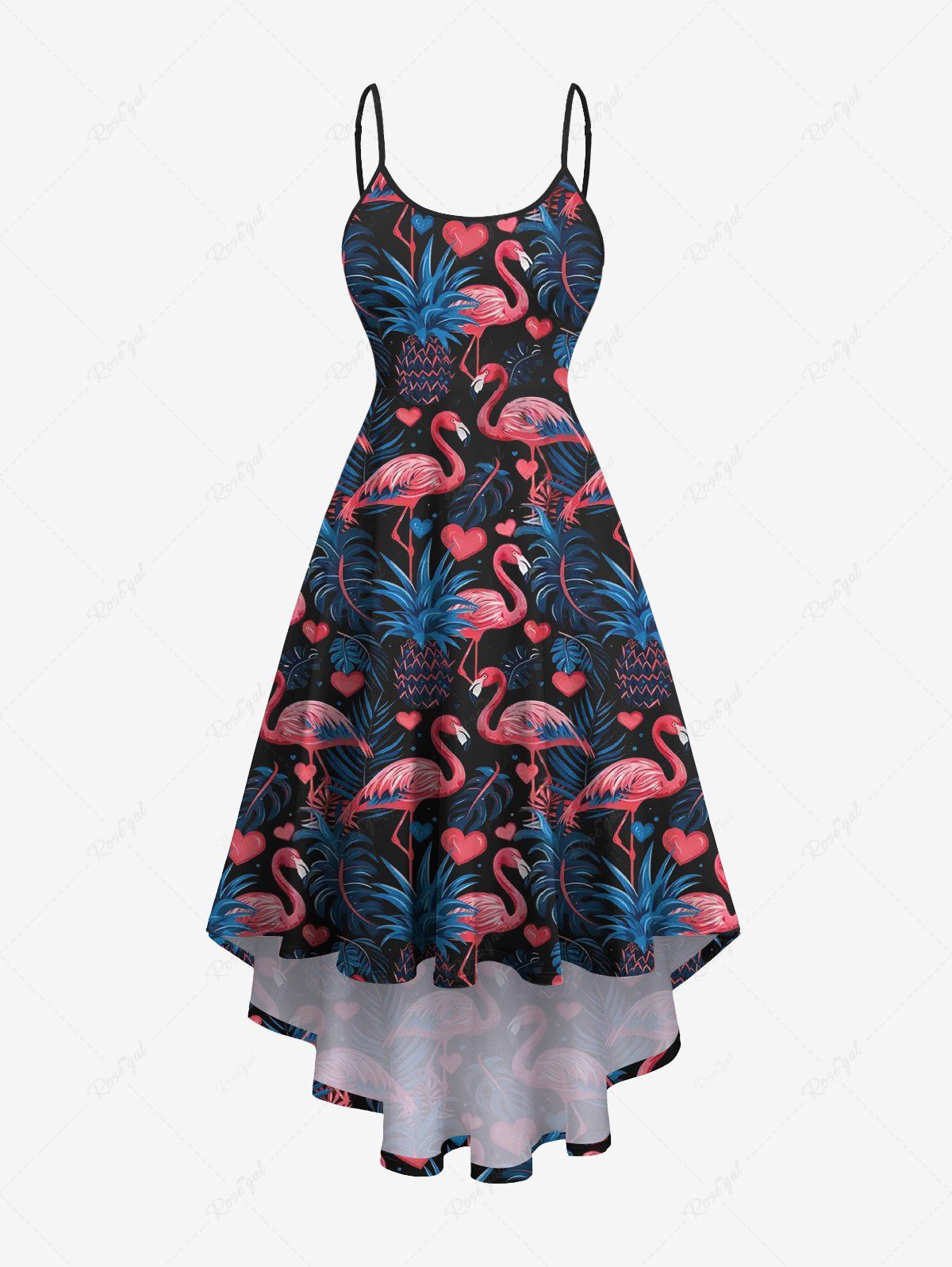 Affordable Plus Size Flamingo Pineapple Tropical Leaf  Print High Low Hawaii Cami Dress  