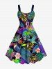 Tenue de plage hawaïenne assortie grande taille à imprimé feuilles tropicales, fleurs et oiseaux, colorée et ombrée, pour couples - Noir 