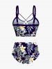 Tropical Leaves Branch Hibiscus Floral Printed Hawaii Lace Up Tankini Swimsuit (Adjustable Shoulder Strap) -  