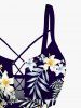 Tropical Leaves Branch Hibiscus Floral Printed Hawaii Lace Up Tankini Swimsuit (Adjustable Shoulder Strap) -  