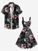 Plus Size Ombre Rose Flower Leaves Branch Print Hawaii A Line Tank Dress -  