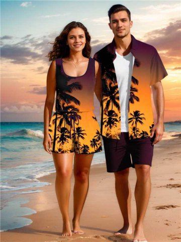 Matching Hawaii Shirt and Romper Plus Size Beach Outfit Coconut Tree Ombre Dusk Print For Couples - ORANGE