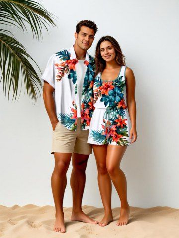 Matching Hawaii Shirt and Romper Plus Size Beach Outfit Tropical Leaf Hibiscus Printed for Couples