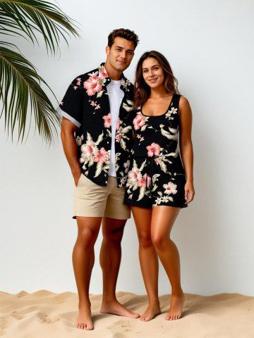 Matching Hawaii Shirt and Romper Plus Size Beach Outfit Tropical Leaf Hibiscus Printed for Couples - BLACK