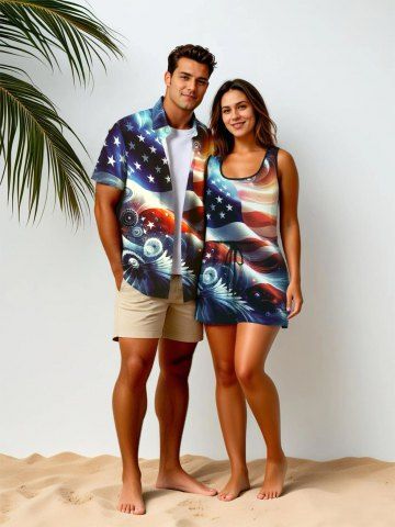 Matching Shirt and Romper Plus Size Outfit Ombre Patriotic American Flag Wing Print For Couples - BLUE
