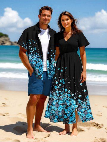 Flowers Print Plus Size Matching Hawaii Beach Outfit For Couples - BLACK