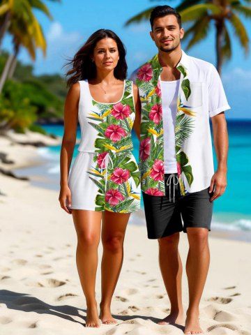 Matching Hawaii Shirt and Romper Plus Size Beach Outfit Tropical Leaf Hibiscus Printed for Couples - WHITE