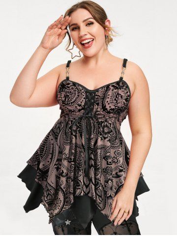 Plus Size Floral Mesh Flocking Lace Up Layered Handkerchief Cami Top(Adjustable Shoulder Strap) - COFFEE - 2X | US 18-20