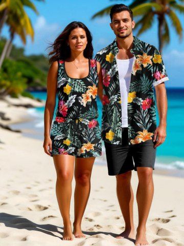 Matching Hawaii Shirt and Romper Plus Size Beach Outfit Tropical Leaf Hibiscus Printed for Couples - BLACK