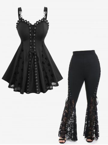 Floral Mesh Jacquard Embroidery Patchwork Top and Lace Panel Flare Pants Plus Size Outfit - BLACK