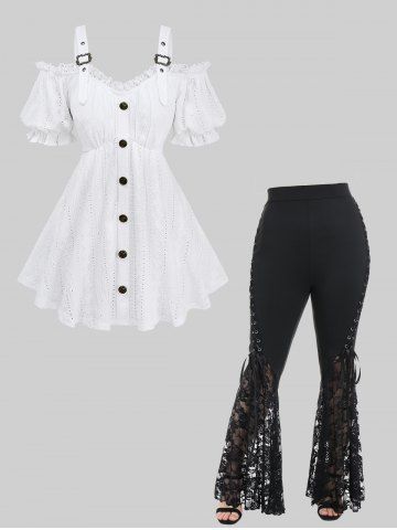 Embroidery Jacquard Pointelle Hollow Out Top and Lace Panel Flare Pants with Lace-up Plus Size Outfit - WHITE