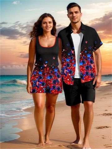 Matching Shirt and Romper Plus Size Outfit Glitter Sequins Patriotic American Flag Print For Couples - BLACK