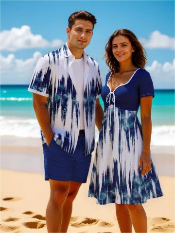 Tie Dye Ombre Light Wave Print Plus Size Matching Hawaii Beach Outfit For Couples - BLUE