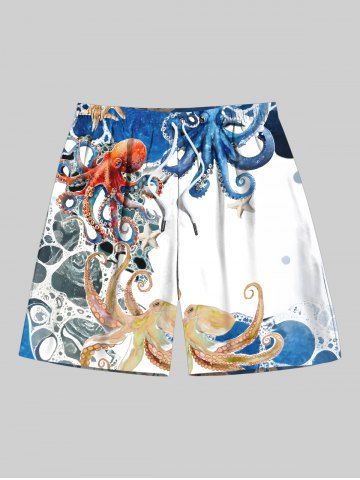 Plus Size Colorful Octopus Sea Print Hawaii Drawstring Beach Shorts For Men - WHITE - 7XL