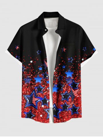 Plus Size Glitter Sequins Patriotic American Flag Print Button Pocket Shirt For Men - BLACK - M
