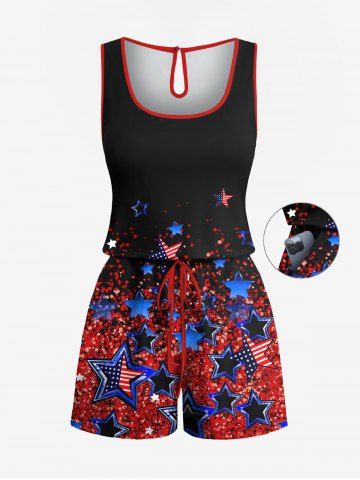 Plus Size Glitter Sequins Patriotic American Flag Print Drawstring Pocket Romper - BLACK - M