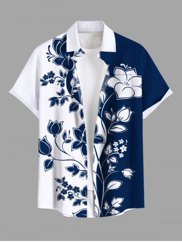 Plus Size Two Tone Floral Branch Curve Print Hawaii Button Pocket Shirt For Men - BLUE - XL