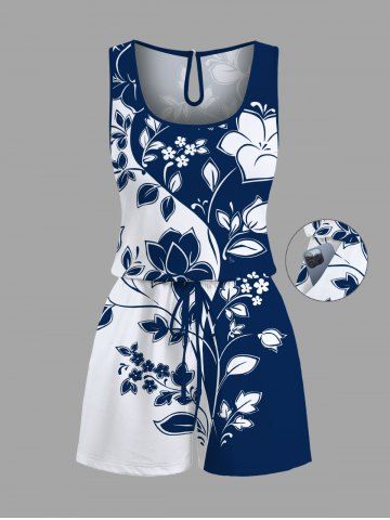 Plus Size Two Tone Floral Branch Curve Print Hawaii Drawstring Pocket Romper