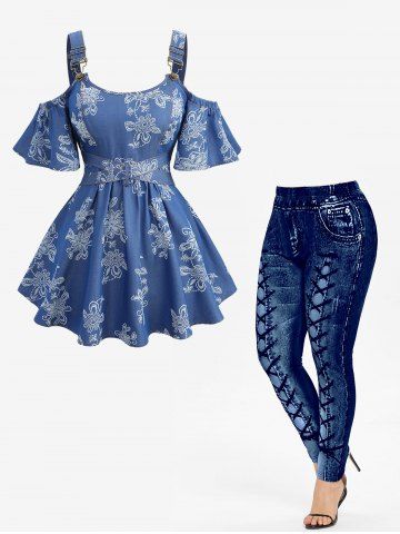 Flowers Leaf Print Crisscross Belted Cold Shoulder Denim Top and Leggings Plus Size Outfit - BLUE