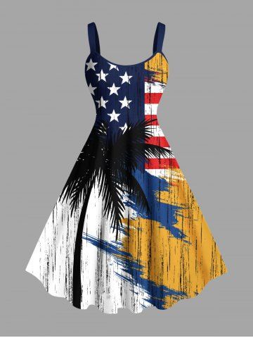 Plus Size Patriotic American Flag Coconut Tree Colorblock Print Tank Dress - YELLOW - 6X