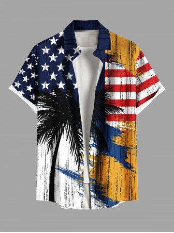 Plus Size Patriotic American Flag Coconut Tree Colorblock Print Buttons Pocket Shirt For Men - YELLOW - 6XL