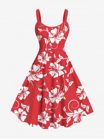 Plus Size Tropical Leaf Hibiscus Flowers Print Hawaii Tank Dress - RED - 3X