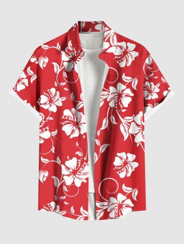Plus Size Tropical Leaf Hibiscus Flowers Print Buttons Pocket Hawaii Shirt For Men - RED - 6XL