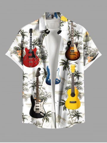 Plus Size Coconut Tree Flowers Guitar Print Buttons Pocket Hawaii Shirt For Men - WHITE - 4XL