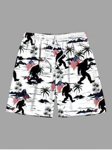 Plus Size Patriotic American Flag Coconut Tree Gorillas Print Hawaii Beach Shorts For Men - WHITE - 8XL