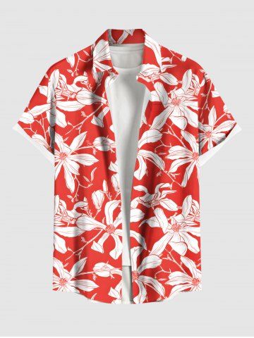 Plus Size Tropical Flowers Print Buttons Pocket Hawaii Shirt For Men - RED - 6XL